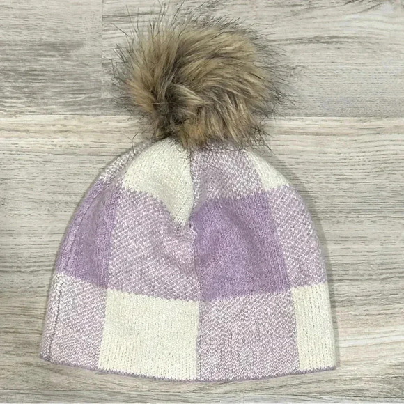 Christian Siriano Pom Purple Plaid Faux Fur Soft Knit Beanie Hat Adult One Size - Picture 1 of 4